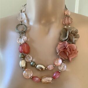 NY Pink And Grey Beaded Flower Necklace